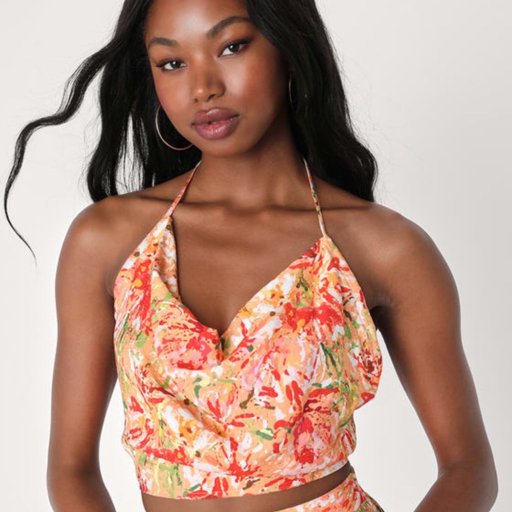 Lulu’s Caught You Looking Backless Cami Top In Orange Abstract Print Size Small
